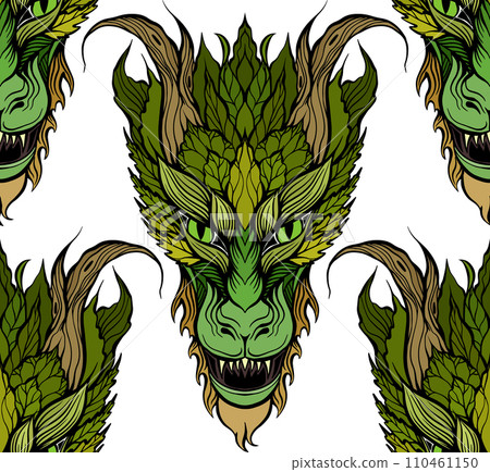 Vector seamless pattern with cartoon roaring dragon on white background. Fantasy texture with illustration of wyverns i 110461150