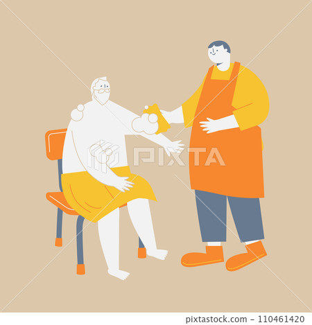 A man wearing an apron is helping an elderly man take a bath 110461420