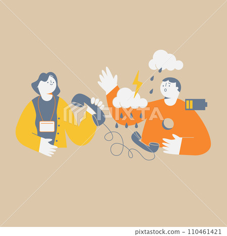 撥打熱線電話的男性和接聽電話的女性 110461421