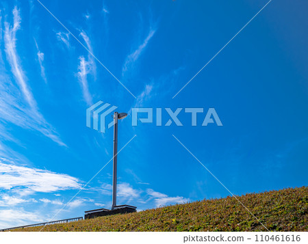 Blue skies and grass on the bank waiting for spring 110461616