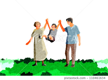 一家人手牽手跳躍 一家人手牽手跳躍 110461634