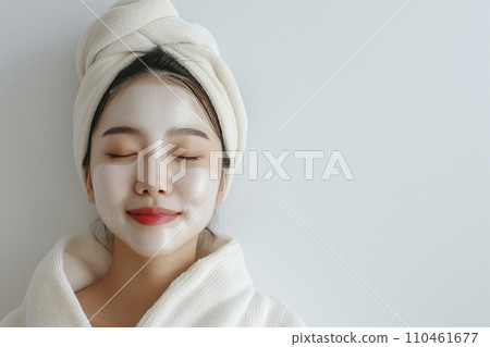 A woman putting on a pack after taking a bath (Generative AI) 110461677