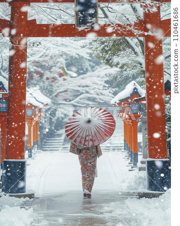 A woman wearing a kimono visits a snow-covered shrine (Generative AI) 110461686