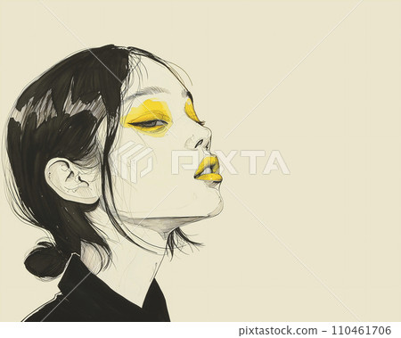 一個帶有酷黃色眼影和嘴唇的日本女性的側面（生成 AI） 110461706