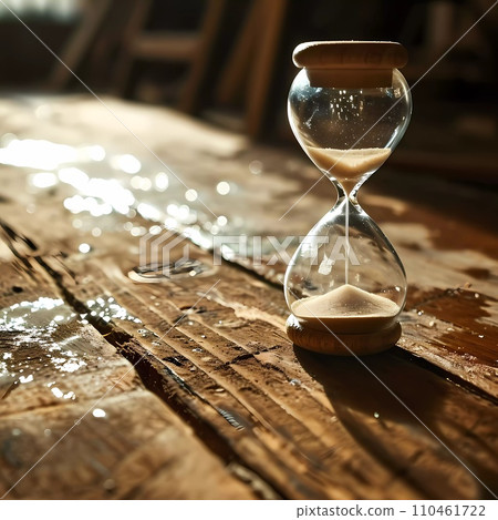 AI-generated content. hourglass with sand, wooden table, rustic style AI-generated content. hourglass with sand, wooden table, rustic style 110461722