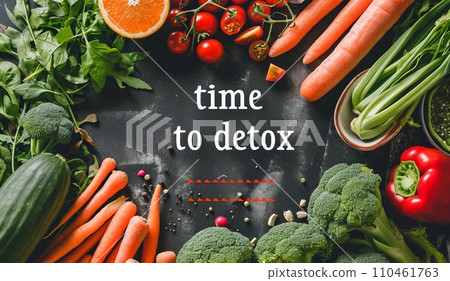 AI-generated content. vegetables and fruits with text in the center of the image time to detox, flatlay, healthy eating concept, detox diet AI-generated content. vegetables and fruits with text in the center of the image time to detox, flatlay, healthy eating concept, detox diet 110461763