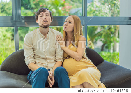 Concerned husband anxiously worries about his wife's pregnancy, seeking reassurance and support Concerned husband anxiously worries about his wife's pregnancy, seeking reassurance and support 110461858