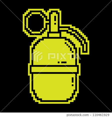 Pixel silhouette icon. Combat offensive defensive grenade with ring. Explosive objects, soldier weapon. Simple black and yellow vector isolated on black back 110461929