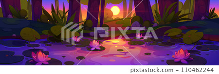 Rainforest swamp with lotus flowers at sunset 110462244