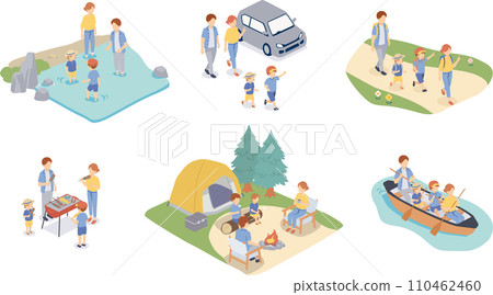 家庭露營的等距插圖集 110462460