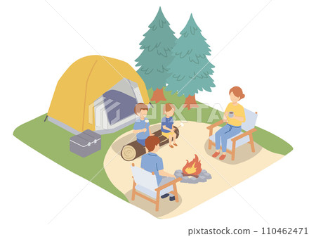Isometric illustration of a family surrounding a bonfire at a campsite 110462471