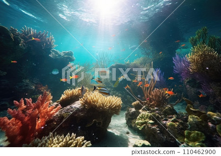 AI-generated content. Tropical sea underwater fishes on coral reef. Aquarium oceanarium wildlife colorful marine panorama landscape nature snorkel diving. AI Generative. AI-generated content. Tropical sea underwater fishes on coral reef. Aquarium oceanarium wildlife colorful marine panorama landscape nature snorkel diving. AI Generative. 110462900