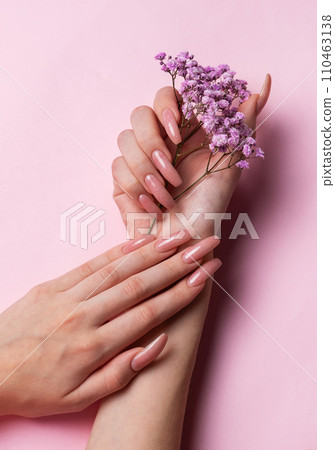 Female hands with pink nail design  hold gypsophila flowers. 110463138