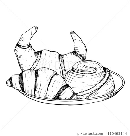 Pastry plate with chocolate French croissants and rolled cinnamon bun vector black and white illustration for snack and breakfast in cafe and bakery 110463144