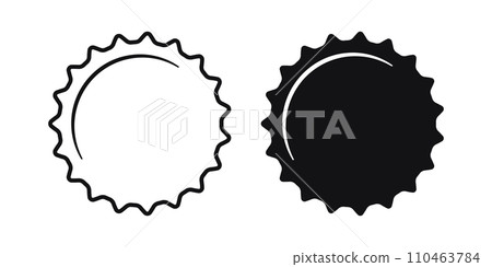 Beer bottle cap icons. Blank label in the shape of aluminum bottle cap. Top view. Soda or beer metal lid. Black and white flat icon. Vector illustration isolated on white background 110463784