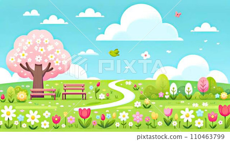 Landscape with spring fields and cherry blossoms 110463799