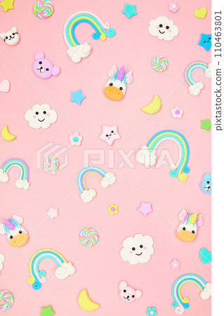 pastel pink kawaii background with cute cartoon animals, unicorns, rainbows pastel pink kawaii background with cute cartoon animals, unicorns, rainbows 110463801