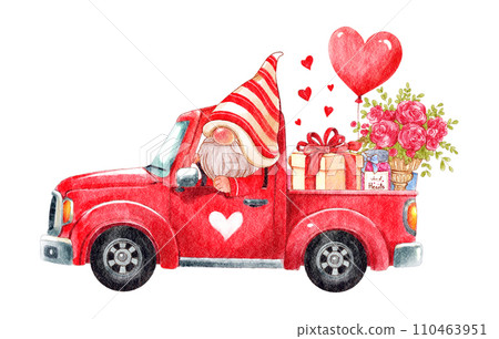 Dwarf drive a pick up car and carry a valentines gift . Watercolor painting design . Valentine day concept . Isolated white background . Illustration . Dwarf drive a pick up car and carry a valentines gift . Watercolor painting design . Valentine day concept . Isolated white background . Illustration . 110463951