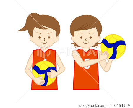 Girls wearing volleyball uniforms and holding a ball (uniform red) 110463969