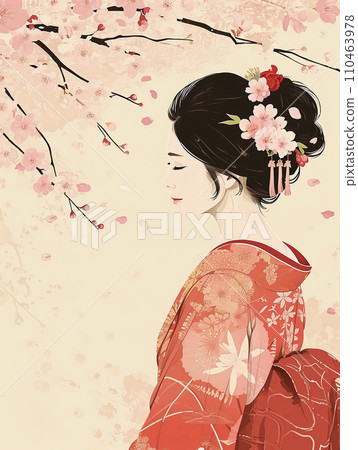 美麗的和服女人和櫻花背景插畫AI圖像 美麗的和服女人和櫻花背景插畫AI圖像 110463978