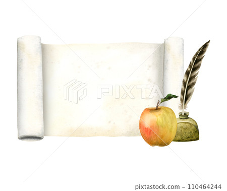 Symbols of education, paper scroll, Newton apple and inkwell with feather pen watercolor illustration isolated on white. Writer poetry template with copy space Symbols of education, paper scroll, Newton apple and inkwell with feather pen watercolor illustration isolated on white. Writer poetry template with copy space 110464244