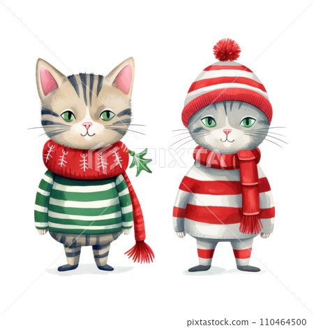 Two illustrated cats dressed in winter clothing in a soft, 110464500