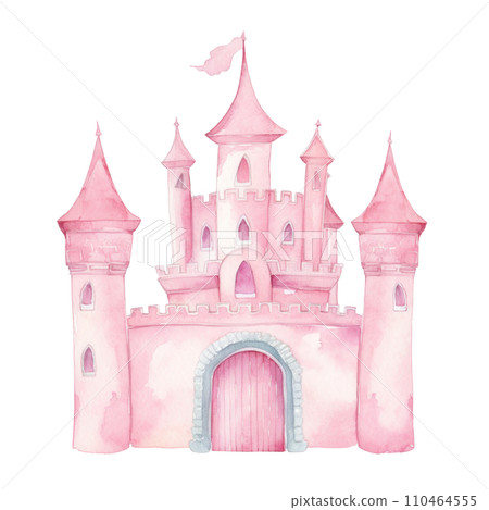 Cute pink watercolor princess castle in a soft, isolated 110464555