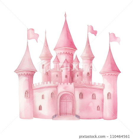 Cute pink watercolor princess castle in a soft, isolated Cute pink watercolor princess castle in a soft, isolated 110464561