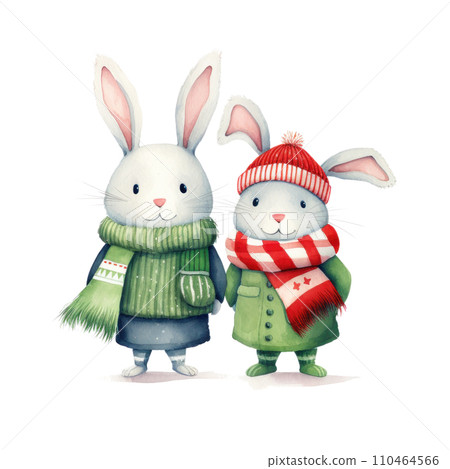 Two illustrated bunny dressed in summer clothing in a soft, Two illustrated bunny dressed in summer clothing in a soft, 110464566