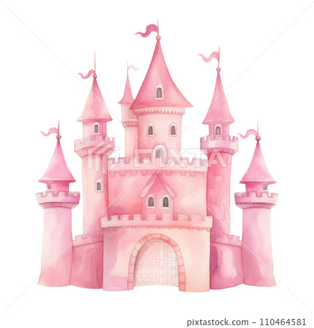 Cute pink watercolor princess castle in a soft, isolated Cute pink watercolor princess castle in a soft, isolated 110464581