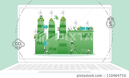 ESG sustainability business policy. Carbon credit calculate from reduce carbon footprint and carbon dioxide to carbon offset. Laptop computer notebook with green factory on desktop. 110464758