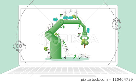 ESG sustainability business policy. Carbon credit calculate from reduce carbon footprint and carbon dioxide to carbon offset. Laptop computer notebook with green industry on desktop. ESG sustainability business policy. Carbon credit calculate from reduce carbon footprint and carbon dioxide to carbon offset. Laptop computer notebook with green industry on desktop. 110464759