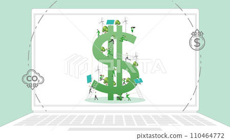 ESG sustainability business policy. Carbon credit calculate from reduce carbon footprint and carbon dioxide to carbon offset. Laptop computer notebook with Dollar profit on desktop. 110464772