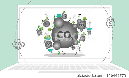 ESG sustainability business policy. Carbon credit calculate from reduce carbon footprint and carbon dioxide to carbon offset. Laptop computer notebook with CO2 on desktop. ESG sustainability business policy. Carbon credit calculate from reduce carbon footprint and carbon dioxide to carbon offset. Laptop computer notebook with CO2 on desktop. 110464773