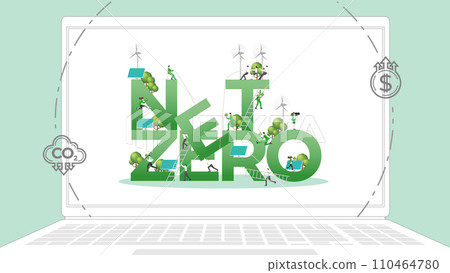 ESG sustainability business policy. Carbon credit calculate from reduce carbon footprint and carbon dioxide to carbon offset. Laptop computer notebook with net zero on desktop. 110464780