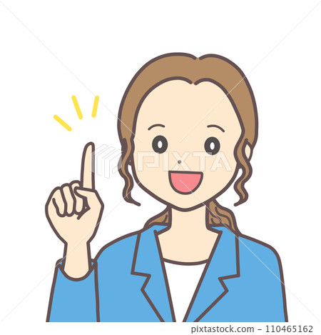 A woman in a suit holding up her index finger (long hair) 110465162