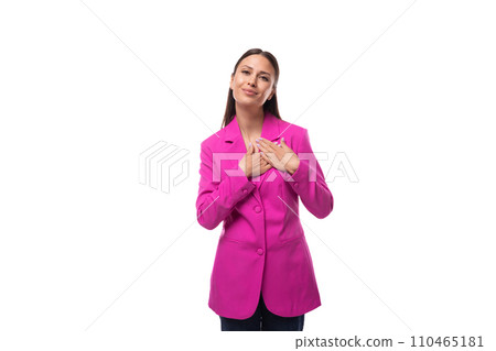 a young well-groomed European brunette with black straight hair is dressed in a stylish crimson a young well-groomed European brunette with black straight hair is dressed in a stylish crimson 110465181