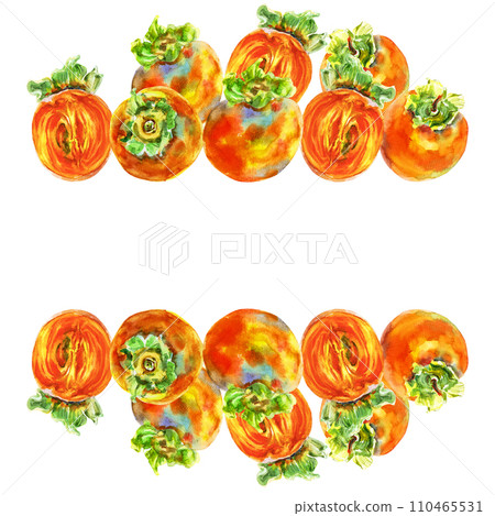 Template of persimmon orange fruit with leaves. Watercolor hand-drawn elements. Isolated on white background. Delicious fruit clip-art illustration. Used on labels, napkins, towels, tableware, package Template of persimmon orange fruit with leaves. Watercolor hand-drawn elements. Isolated on white background. Delicious fruit clip-art illustration. Used on labels, napkins, towels, tableware, package 110465531