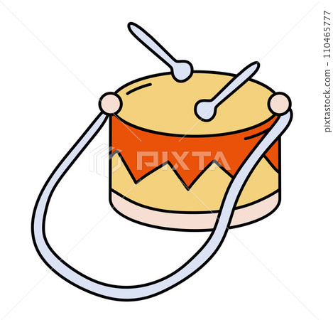 Cute drum with belt and drumsticks in vintage retro style in orange and yellow pastel colors. Vector illustration in cartoon style isolated on white background. Colorful design element for kids 110465777