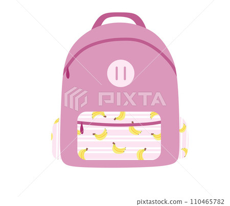 Pink backpack with Banana print on pocket. Cartoon Vector Flat style isolated illustration. School Bag for Books. Study concept. Design element for Banner, Poster, Flyer. Travel rucksack for girls. 110465782
