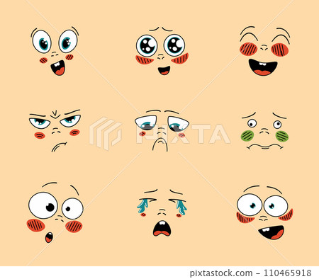 Cartoon faces anime emotion effect. Happy and sad mood facial expressions. Different moods vector set 110465918