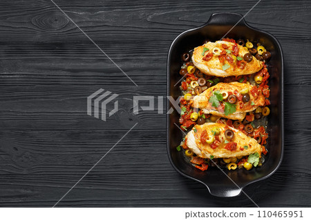 chicken breasts with vegetables, olives, top view 110465951
