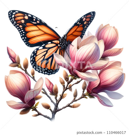 Monarch Butterfly with Magnolia Clipart Transparent Background, Butterfly with Flowers Clipart. Monarch Butterfly with Magnolia Clipart Transparent Background, Butterfly with Flowers Clipart. 110466017