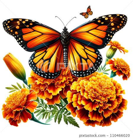 Monarch Butterfly with Marigolds Clipart Transparent Background, Butterfly with Flowers Clipart. 110466020