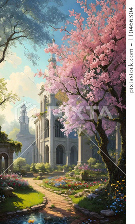Flowers, trees, and rococo buildings 110466304