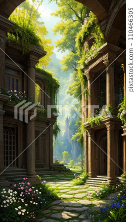Flowers, trees, and rococo buildings 110466305