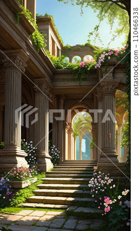 Flowers, trees, and rococo buildings 110466338