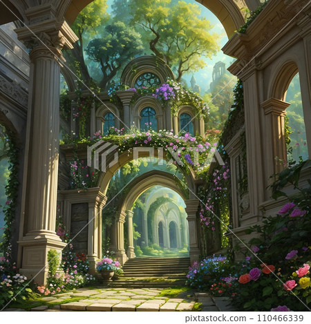 Flowers, trees, and rococo buildings 110466339