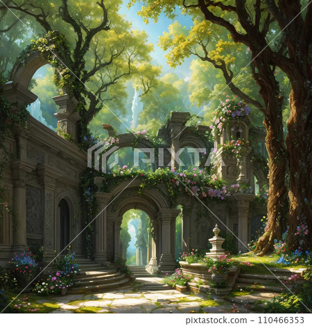 Flowers, trees, and rococo buildings 110466353