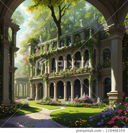 Flowers, trees, and rococo buildings 110466354